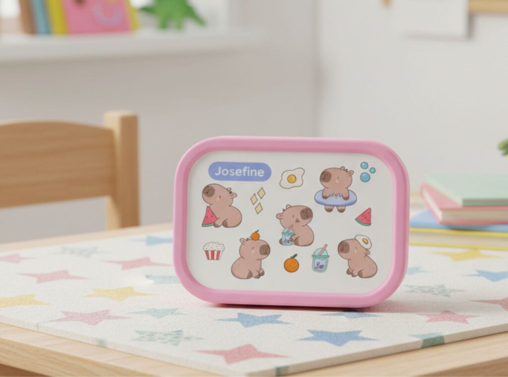 personlig rosa matboks med capybara design