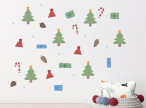 veggklistremerker med juletre, gaver , nissehatt