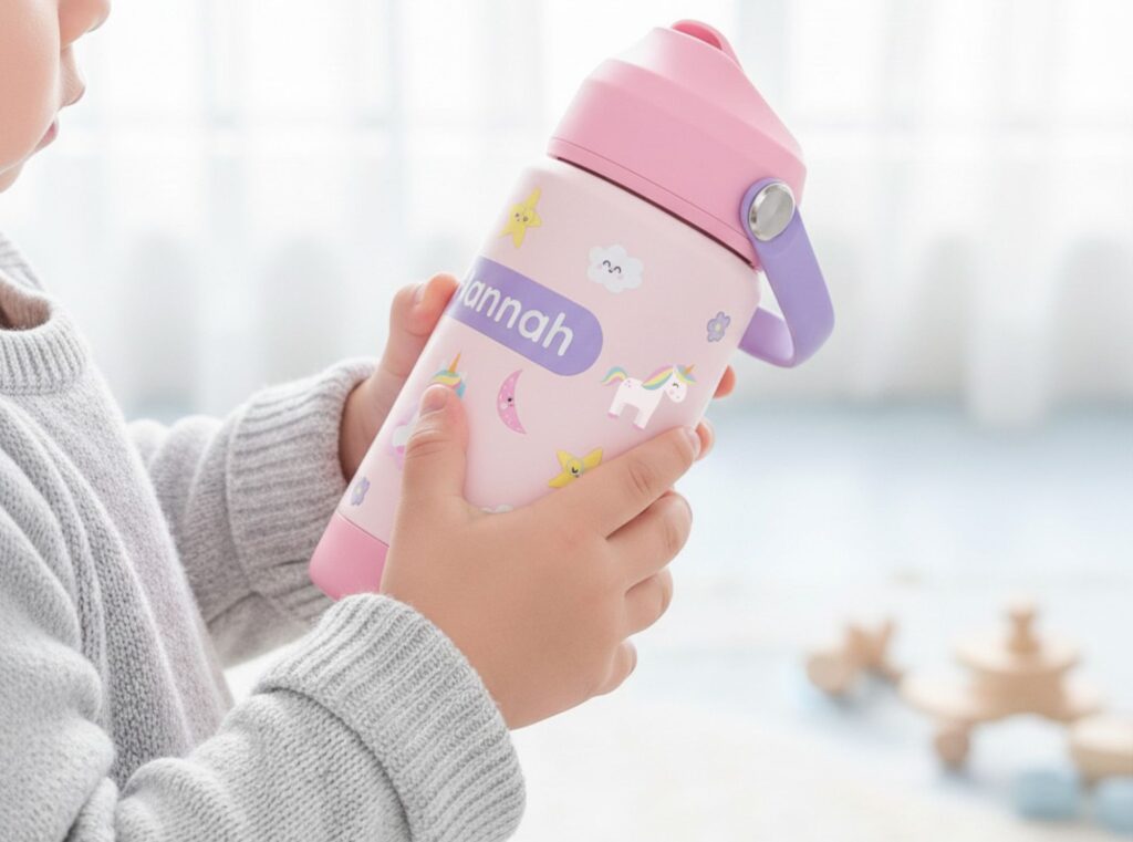 Matboks og drikkeflaske til barn – Et barn som holder en rosa drikkeflaske med navn og enhjørningdesign.