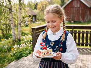 17. mai- jente i bunad som spiser kake