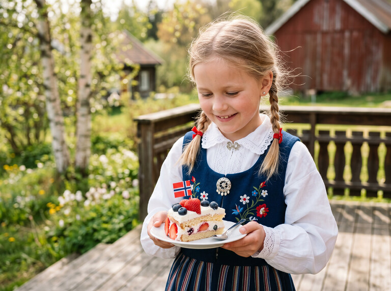 17. mai- jente i bunad som spiser kake
