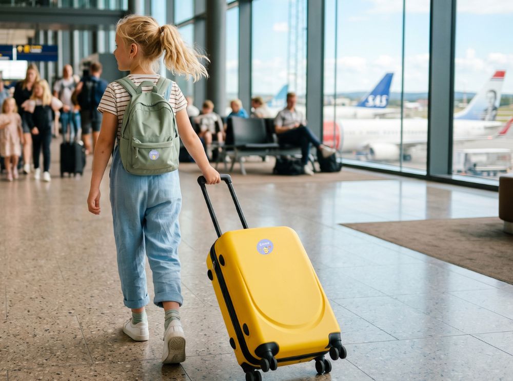 Ferie med barn: jente på flyplass. Ryggsekk og trillekoffert som er merket med store navnelapper