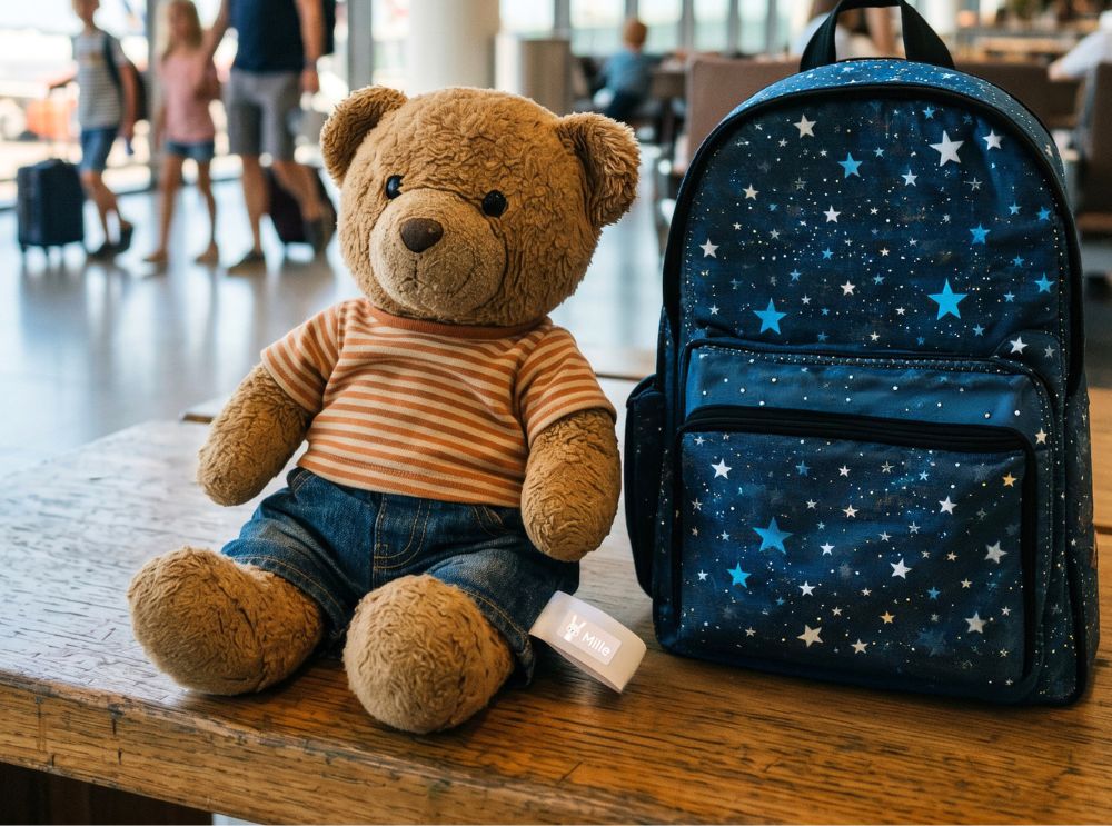 Ferie med barn: bamse og sekk som er merket med navnelapper