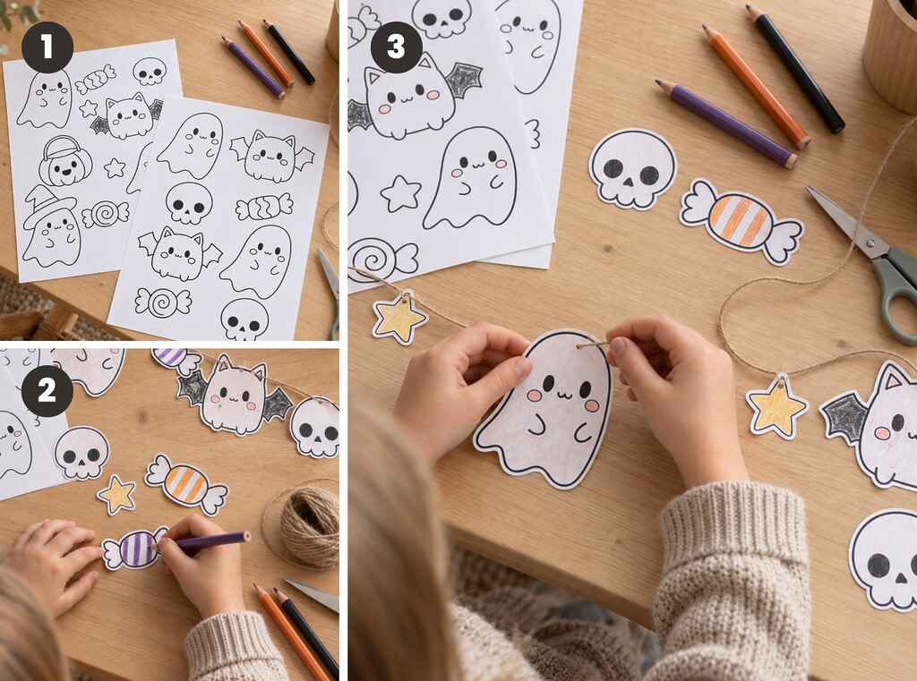Halloween-verksted for barn 3 Diy halloween-girlander- 3 punkter som viser hvordan girlanderen skal lages